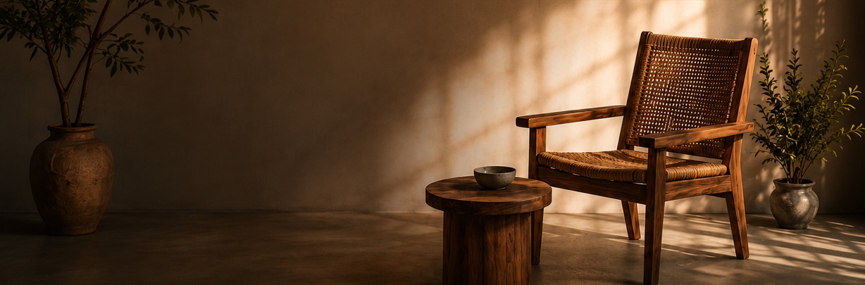 Handcrafted teak armchair and side table in warm golden light